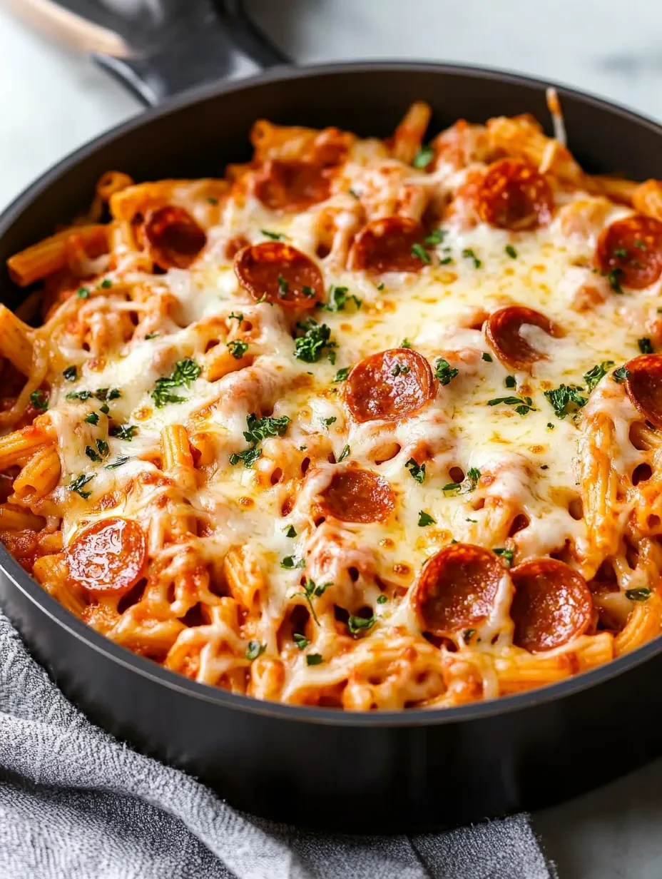 A bowl of pasta with pepperoni and cheese.