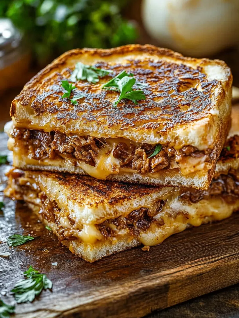 A grilled cheese sandwich with meat in it.