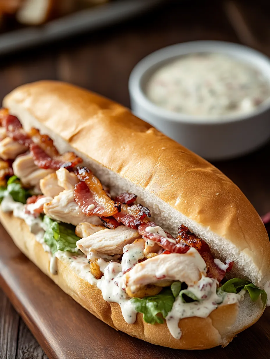 A sandwich with chicken, bacon, and ranch dressing.