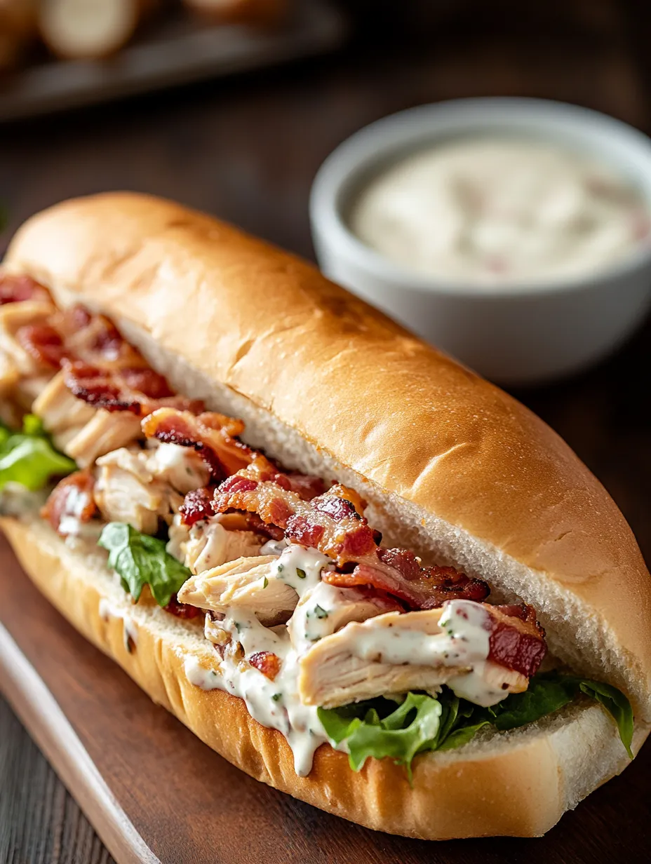 A sandwich with bacon and chicken on it.