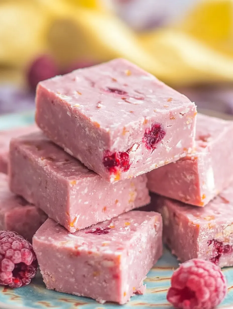 A stack of pink and orange raspberry coconut delight.