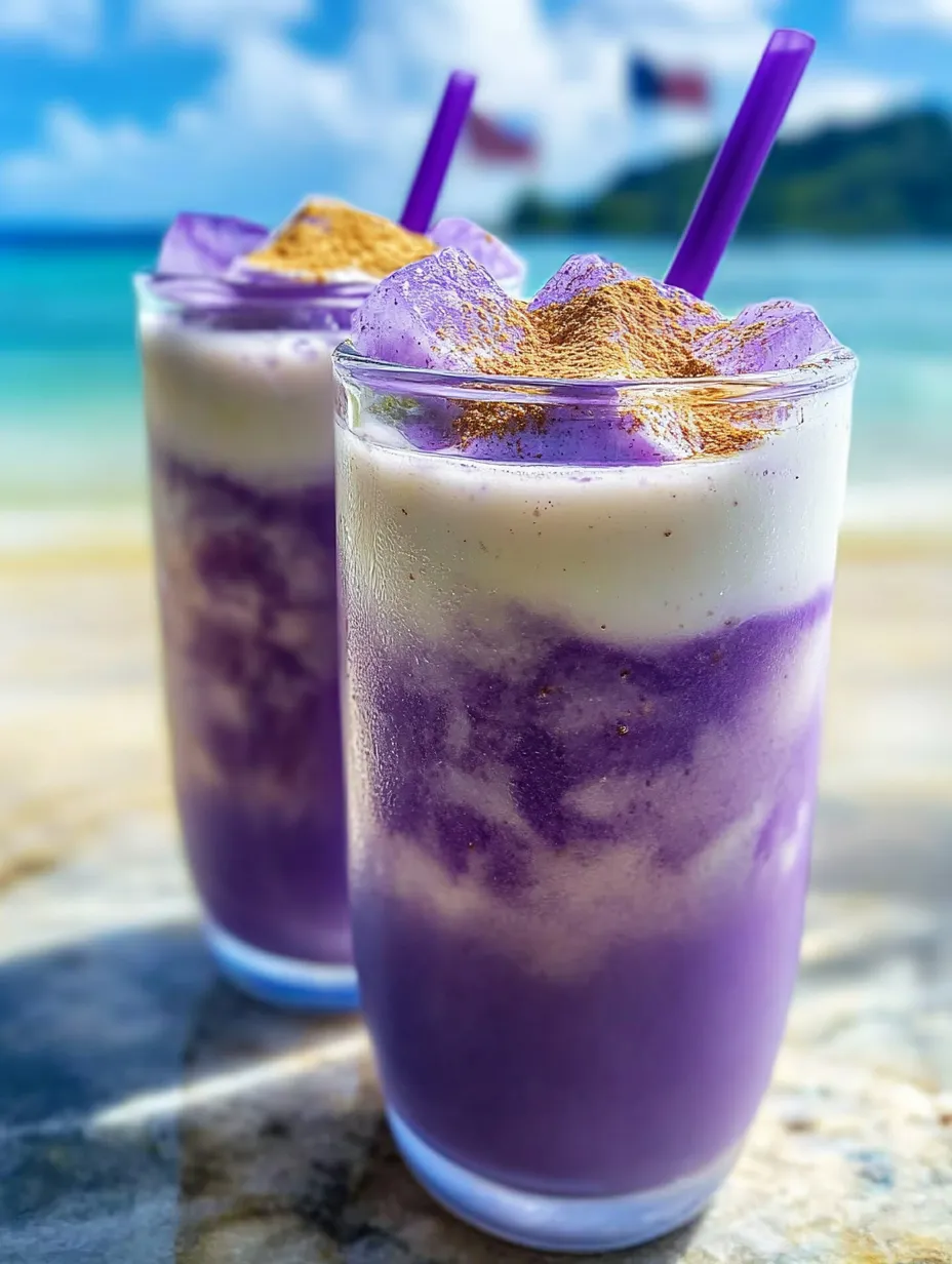 Two glasses of purple drink with a sprinkle of cinnamon on top.
