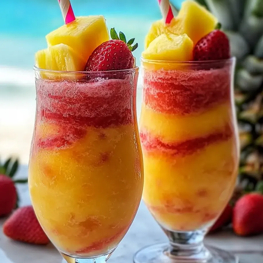 Two glasses of pineapple strawberry swirled slushies.