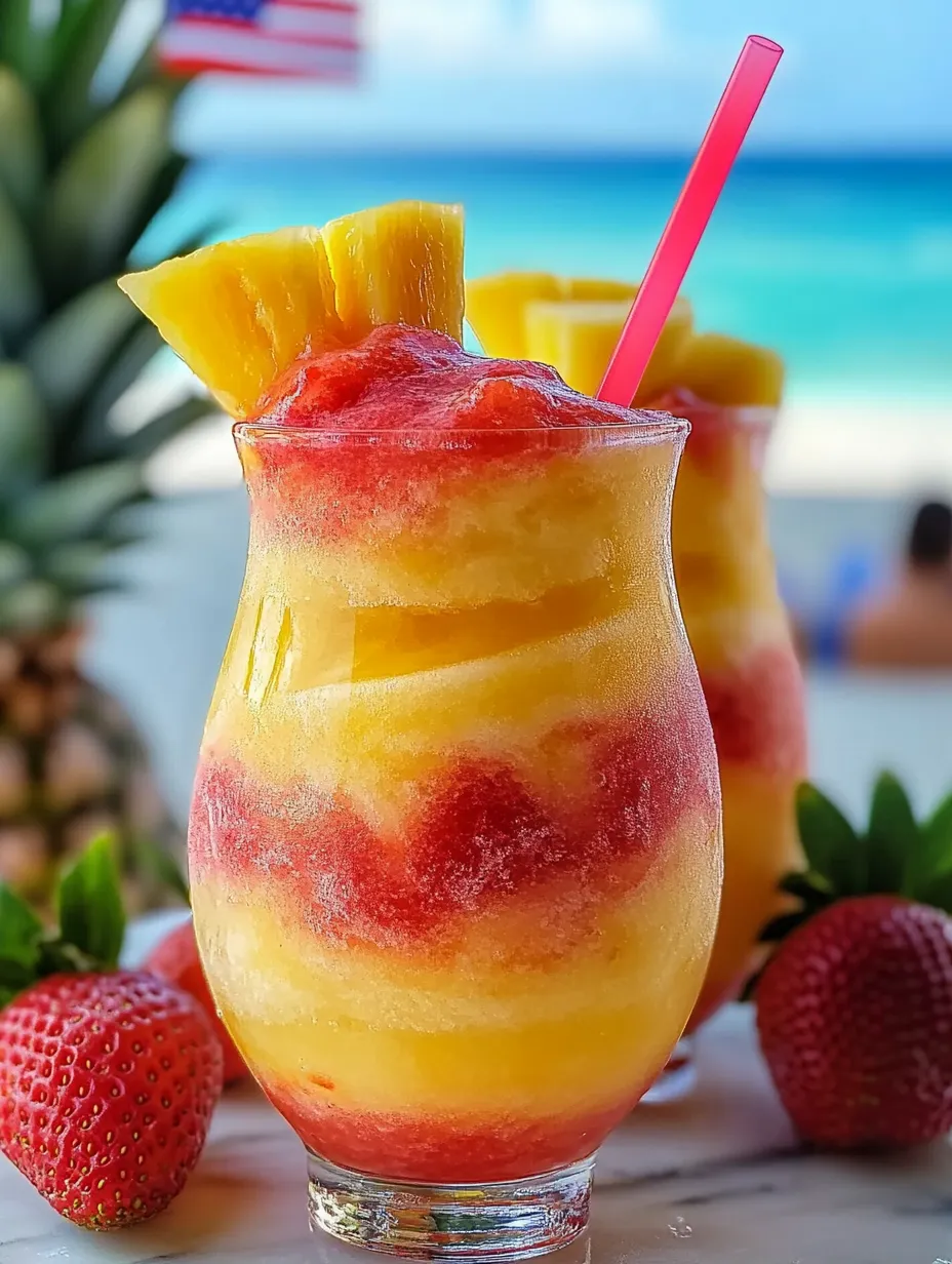 Two pineapple strawberry swirled slushies on a table.