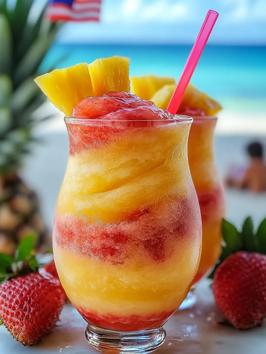 Two glasses of pineapple strawberry swirled slushies.