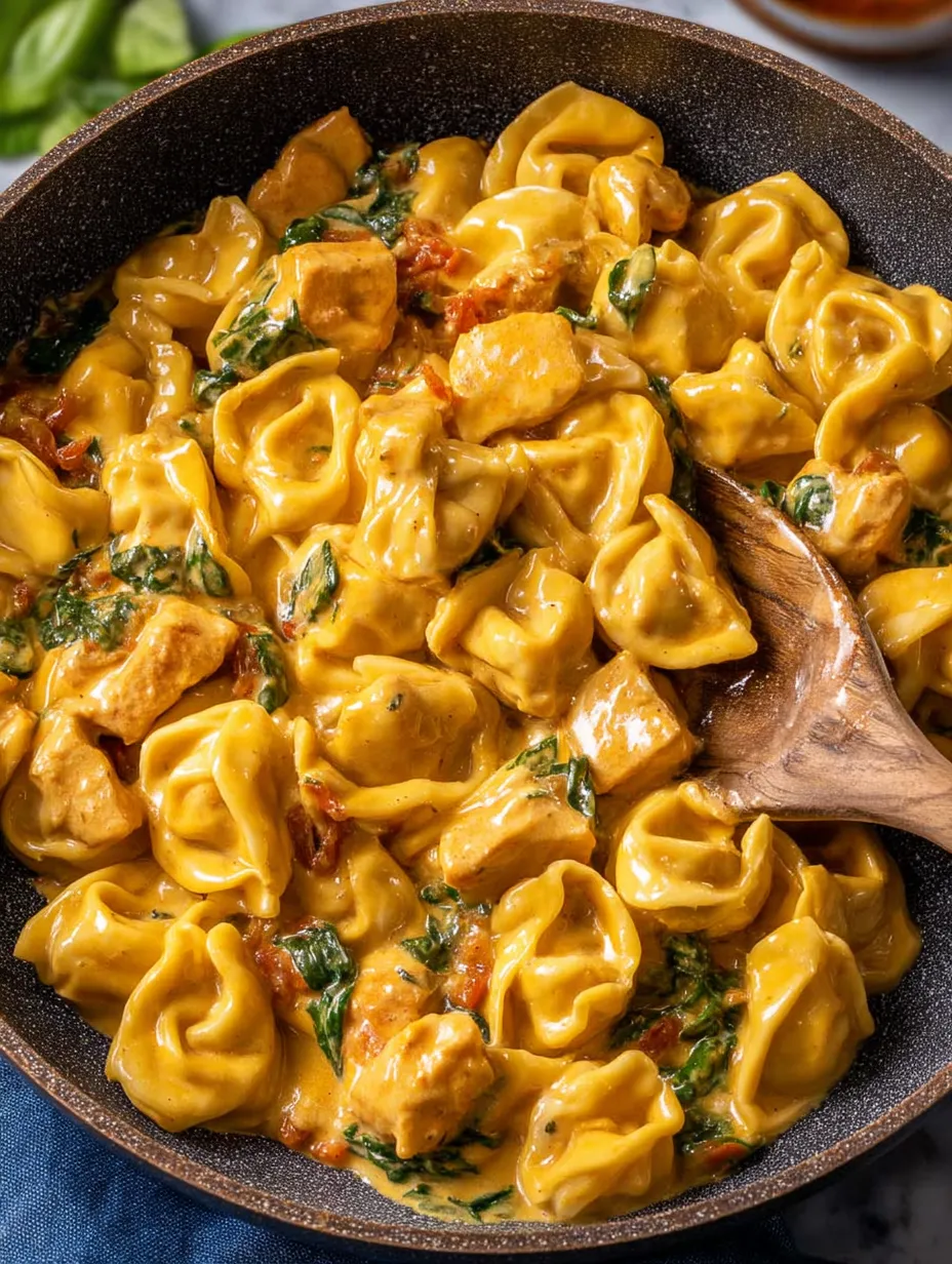 A bowl of chicken tortellini with a wooden spoon in it.