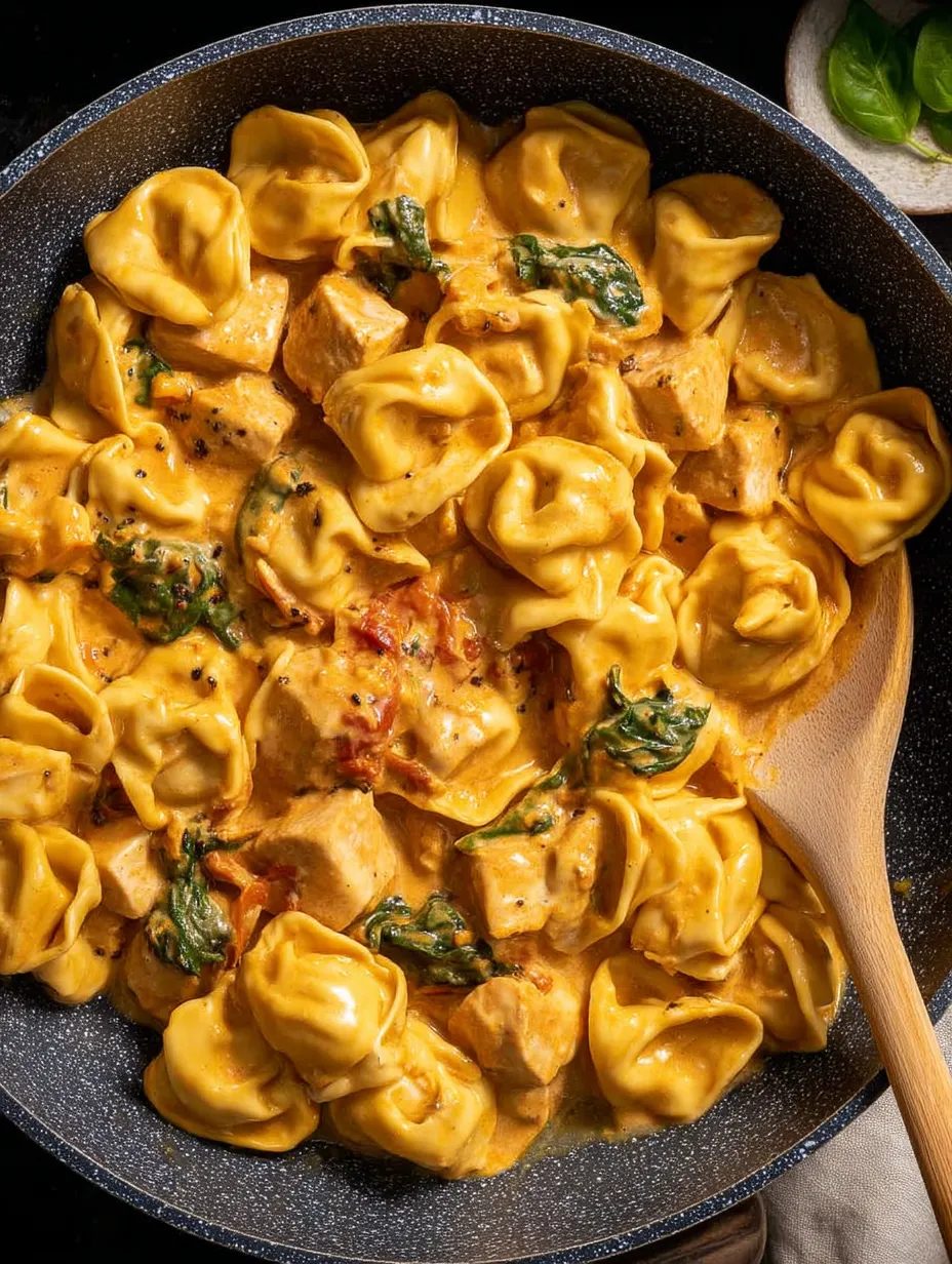 A bowl of chicken tortellini with a spoon in it.