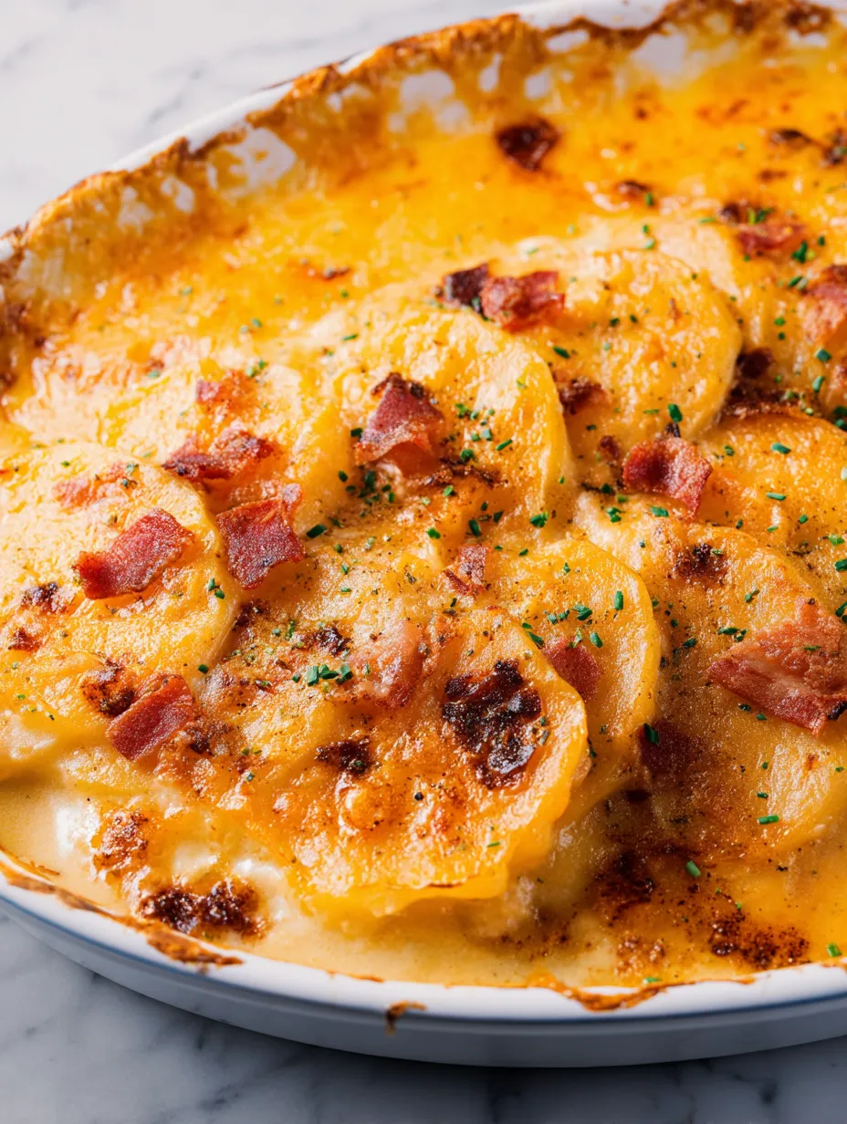 A dish of scalloped potatoes with meat bacon and cheese.
