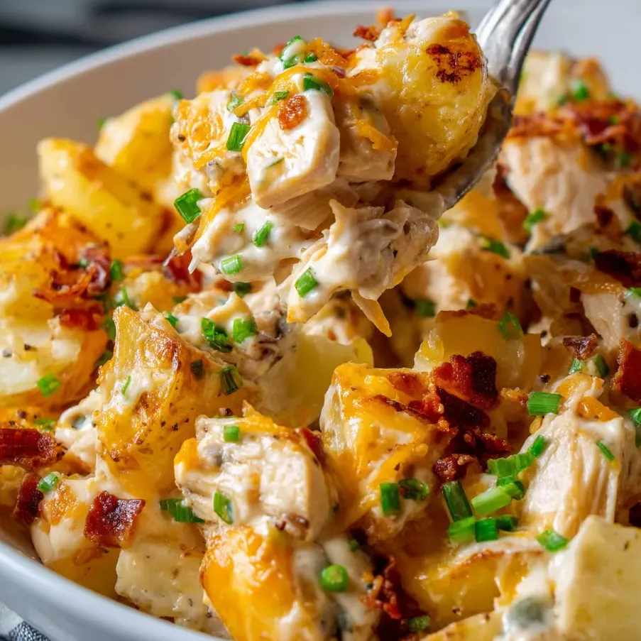 A bowl loaded with cheesy chicken, ranch potatoes, and crispy bacon.