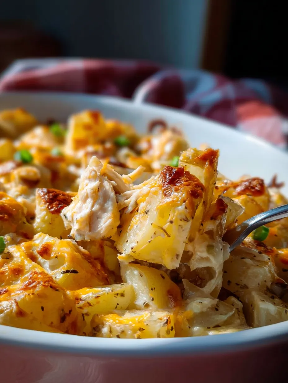 A white bowl with a mouthwatering loaded potato ranch chicken bake.