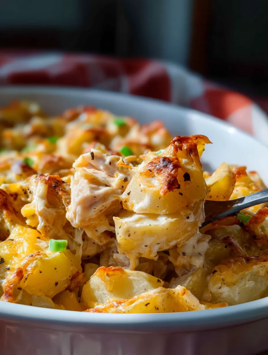 A white bowl piled high with loaded potato ranch chicken bake.