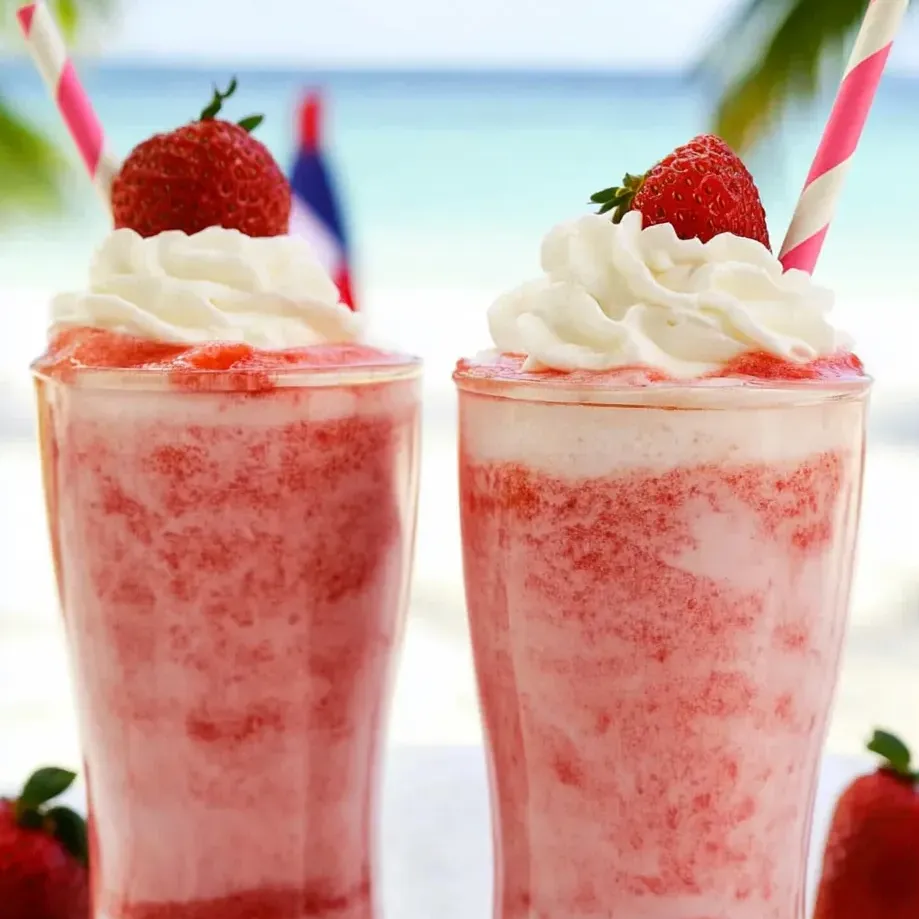 Two strawberry frappuccinos on a table.