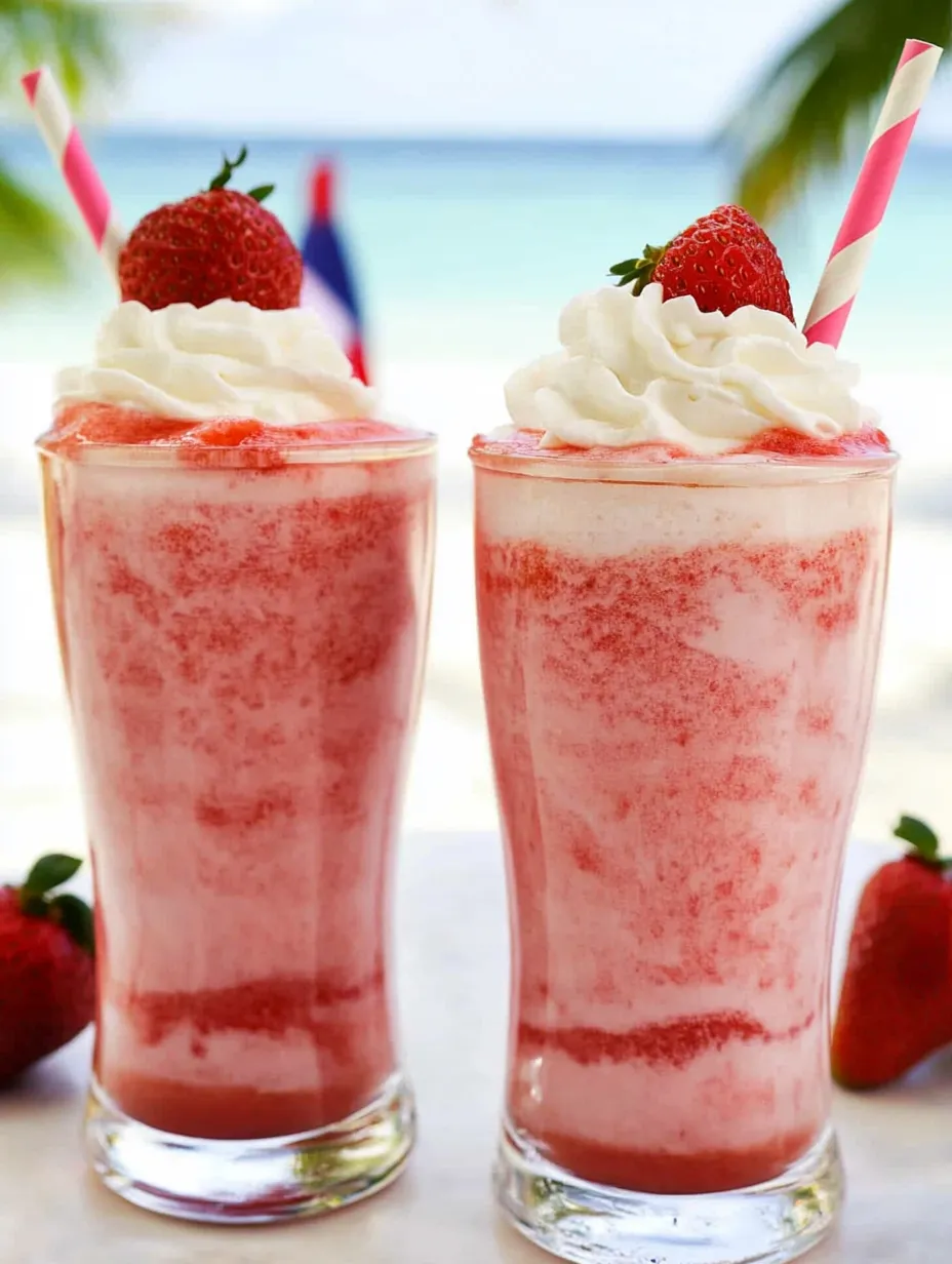 Strawberry frappuccino in two clear glasses.