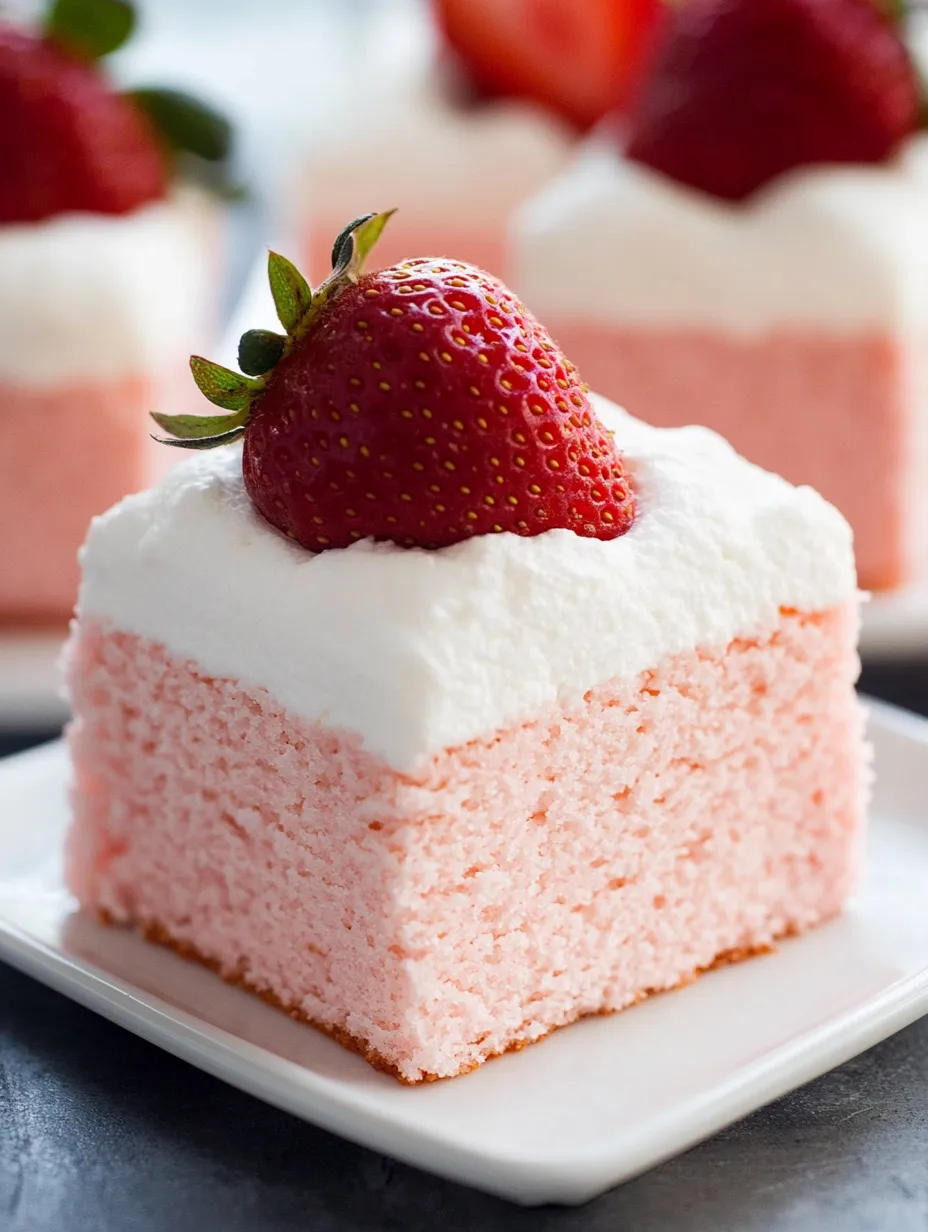 A pink cloud cake slice sporting a strawberry on top.