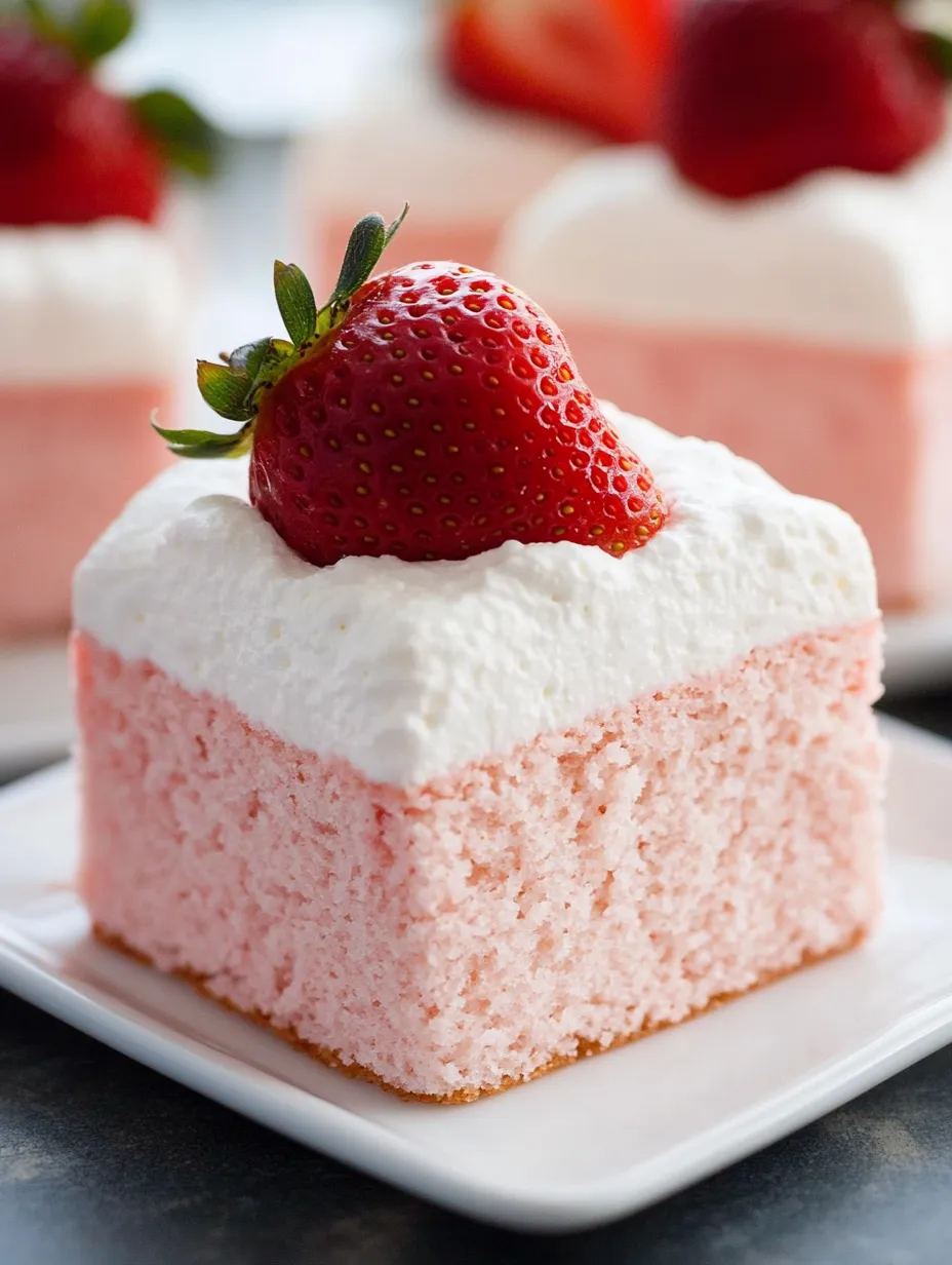 A piece of pink and white cloud cake topped with a strawberry.