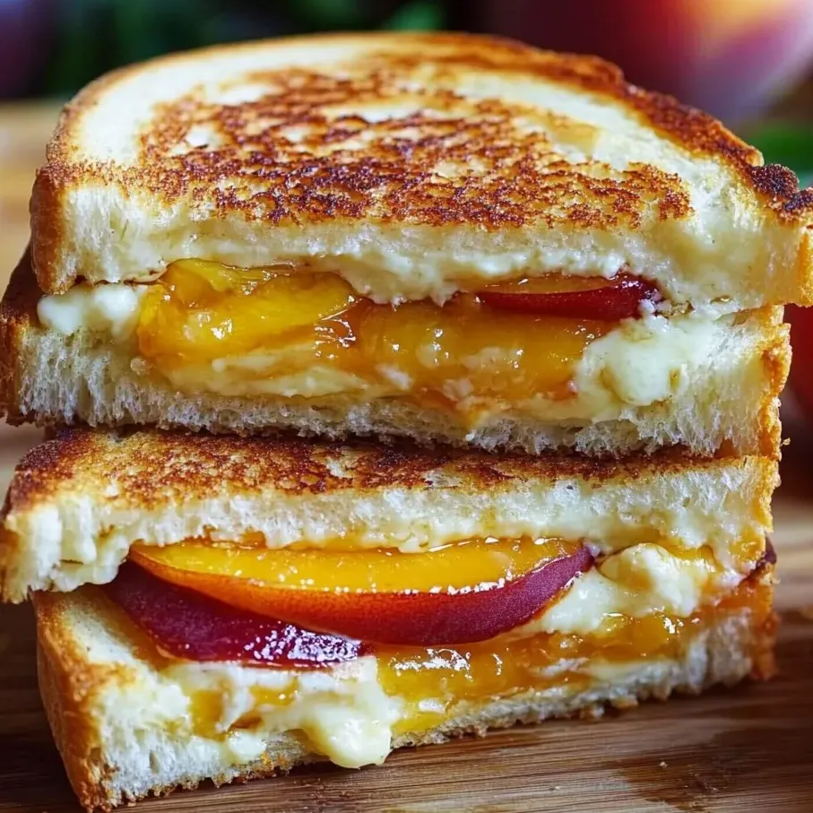 Thick grilled cheese loaded with white cheddar and juicy peach slices.