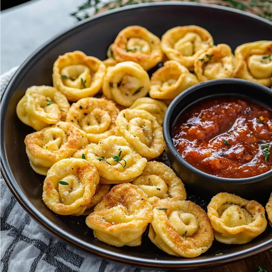 A bowl of crispy air fryer tortellini with a dipping sauce.