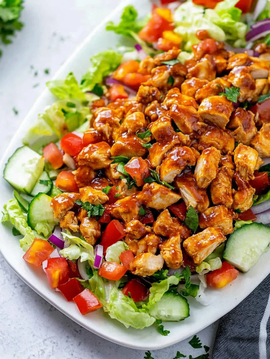 Chicken salad on a plate with bright lettuce and tomatoes.
