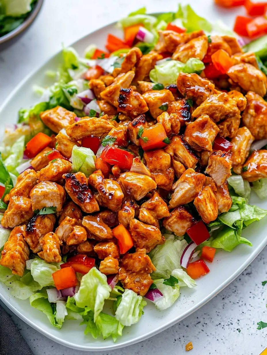 A plate topped with honey hot chicken salad.