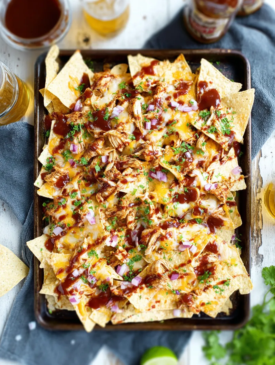 Nachos made on a sheet tray with BBQ chicken.