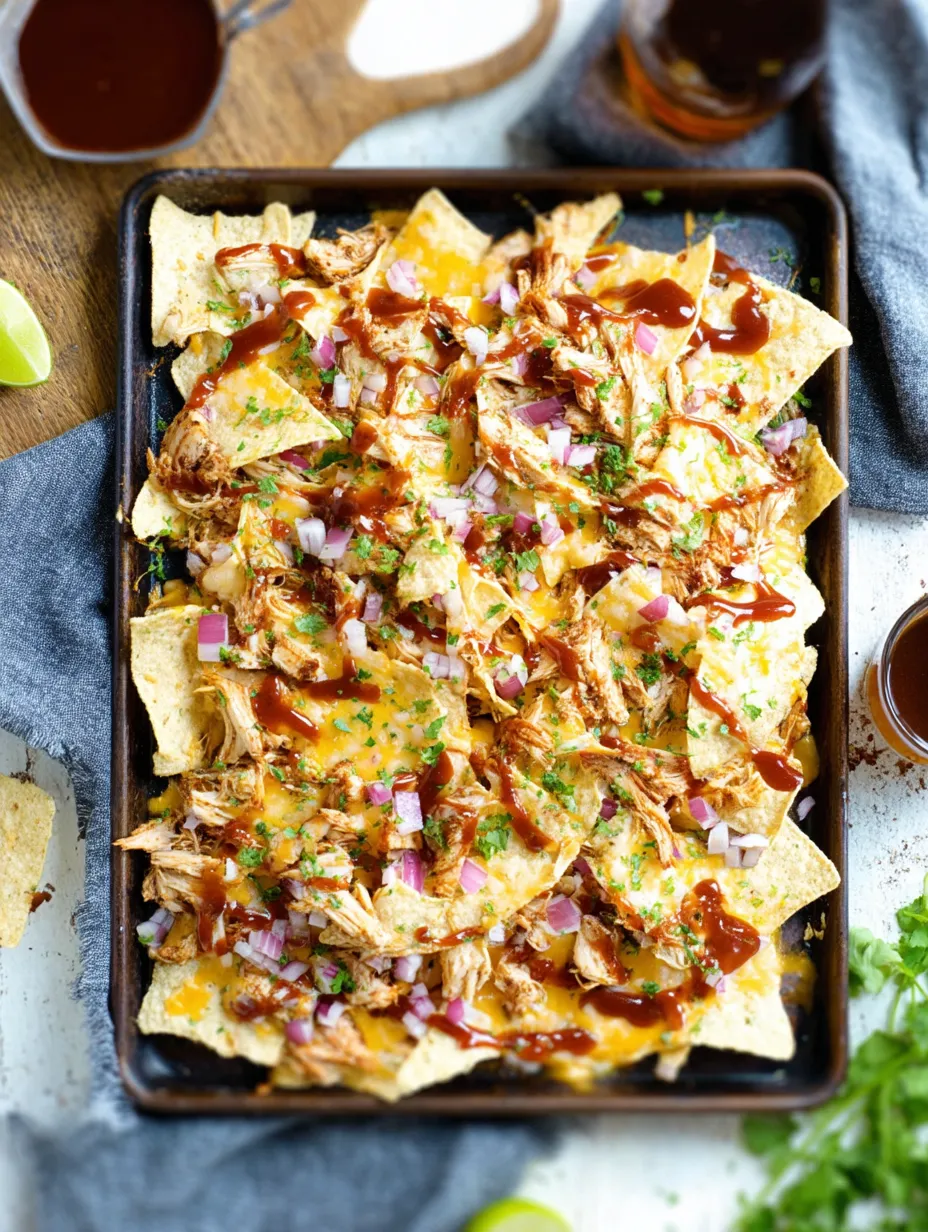 Pan holding nachos baked with BBQ chicken and onions.