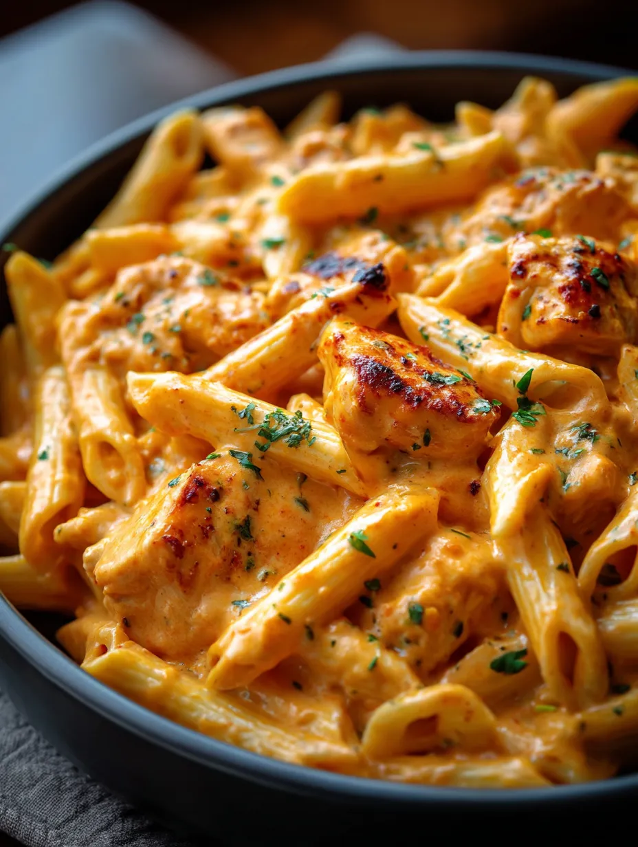 A bowl of pasta with chicken and sauce recipe.