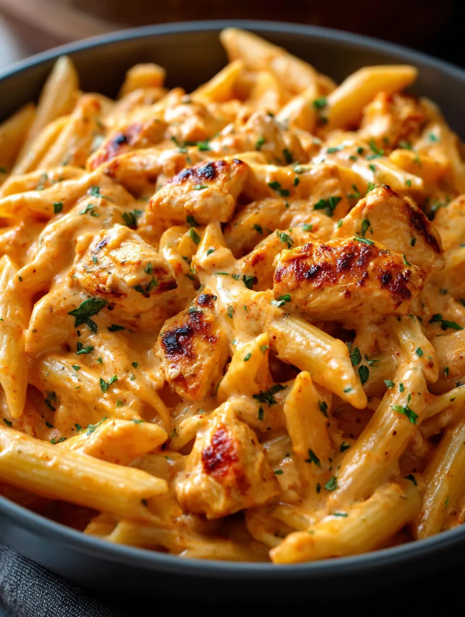 A bowl of pasta with chicken and sauce.
