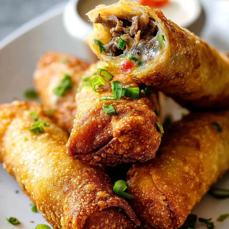 A plate loaded with crispy cheesesteak eggrolls.