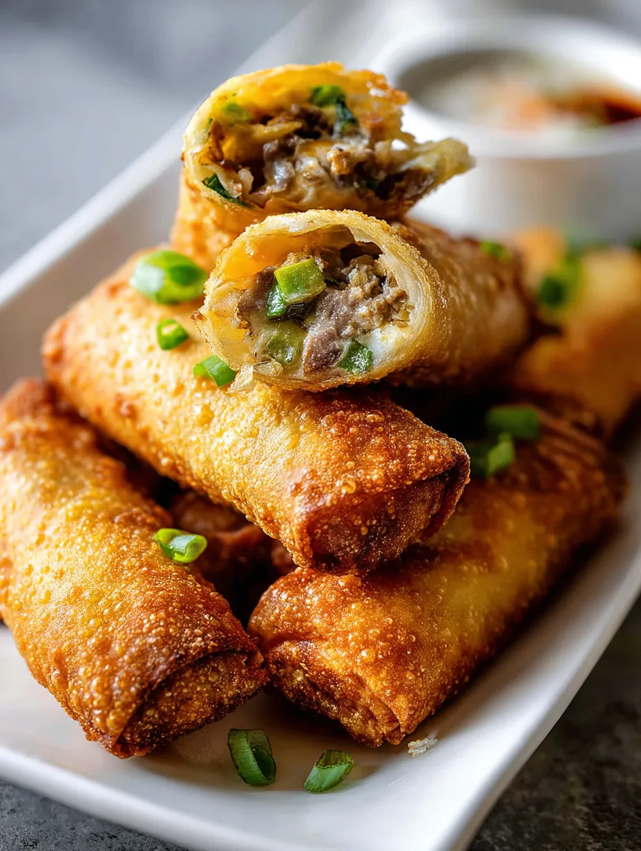 Crispy cheesesteak egg roll ready to eat on a plate.