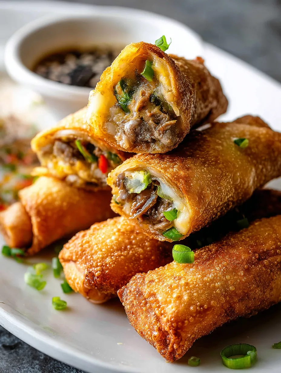 A plate stacked with egg rolls and a dip on the side.