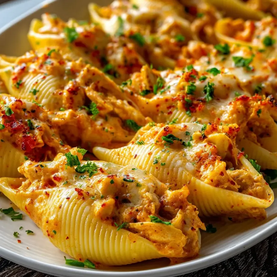A plate stacked with Cajun chicken stuffed shells in creamy sauce.