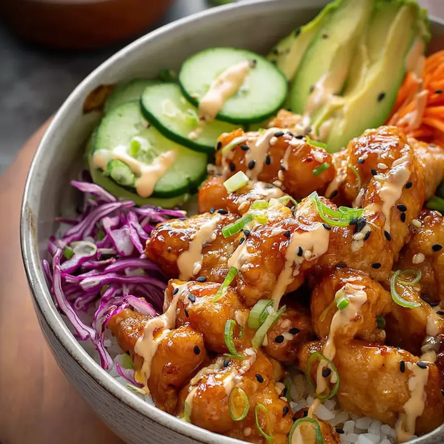 A colorful bowl full of juicy chicken, soft rice, and crisp veggies.