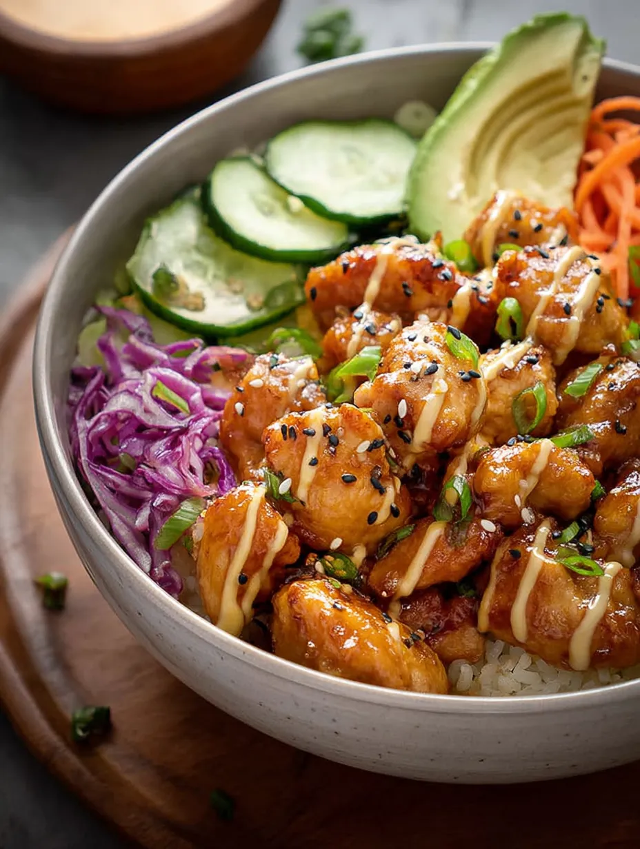 A bowl of bang bang chicken topped with veggies and rice.