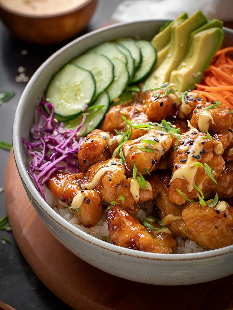 A bowl of bang bang chicken topped with veggies and rice.