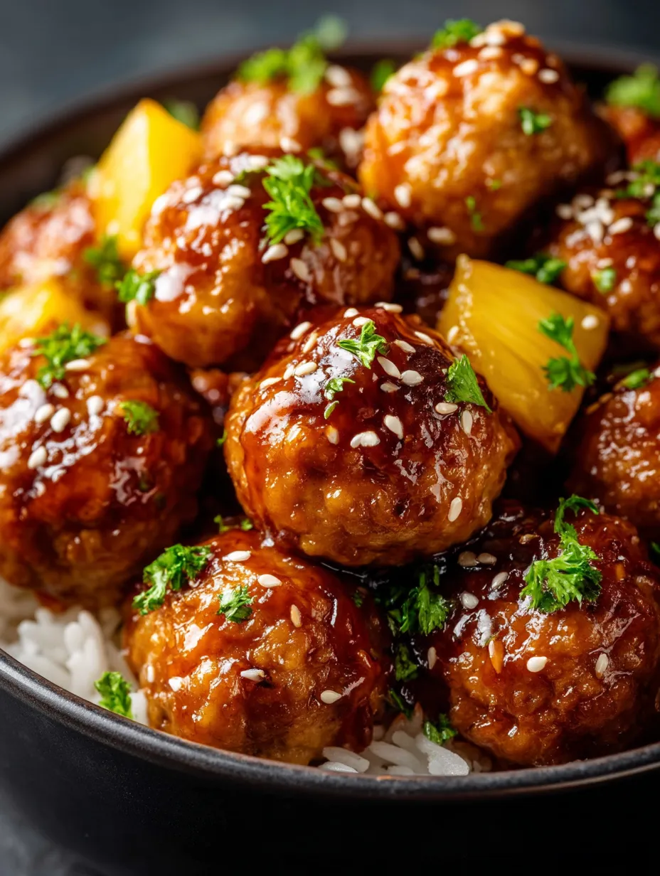 A bowl of meatballs with a pineapple teriyaki sauce.