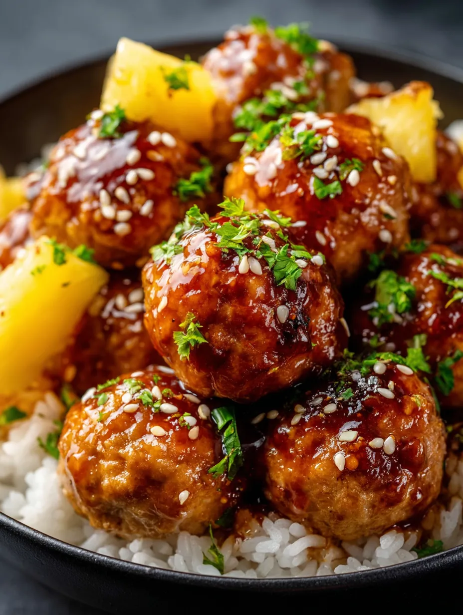 A bowl of meatballs with a pineapple teriyaki sauce.