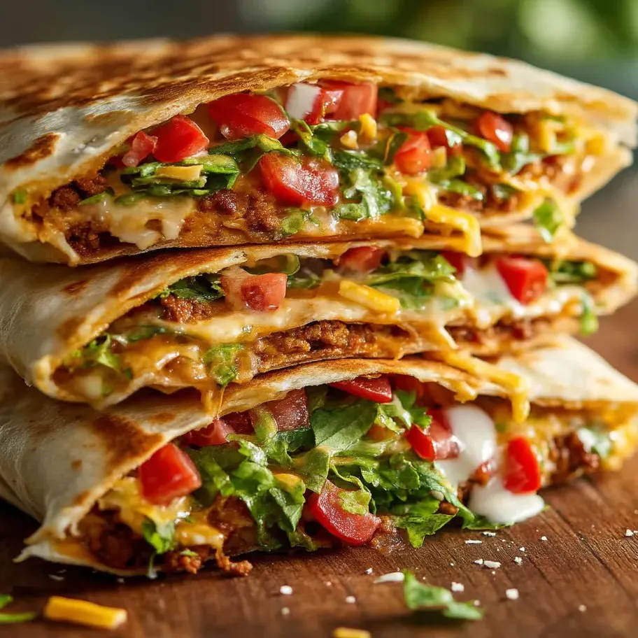 There are three stacked homemade Crunchwrap Supremes in the photo.