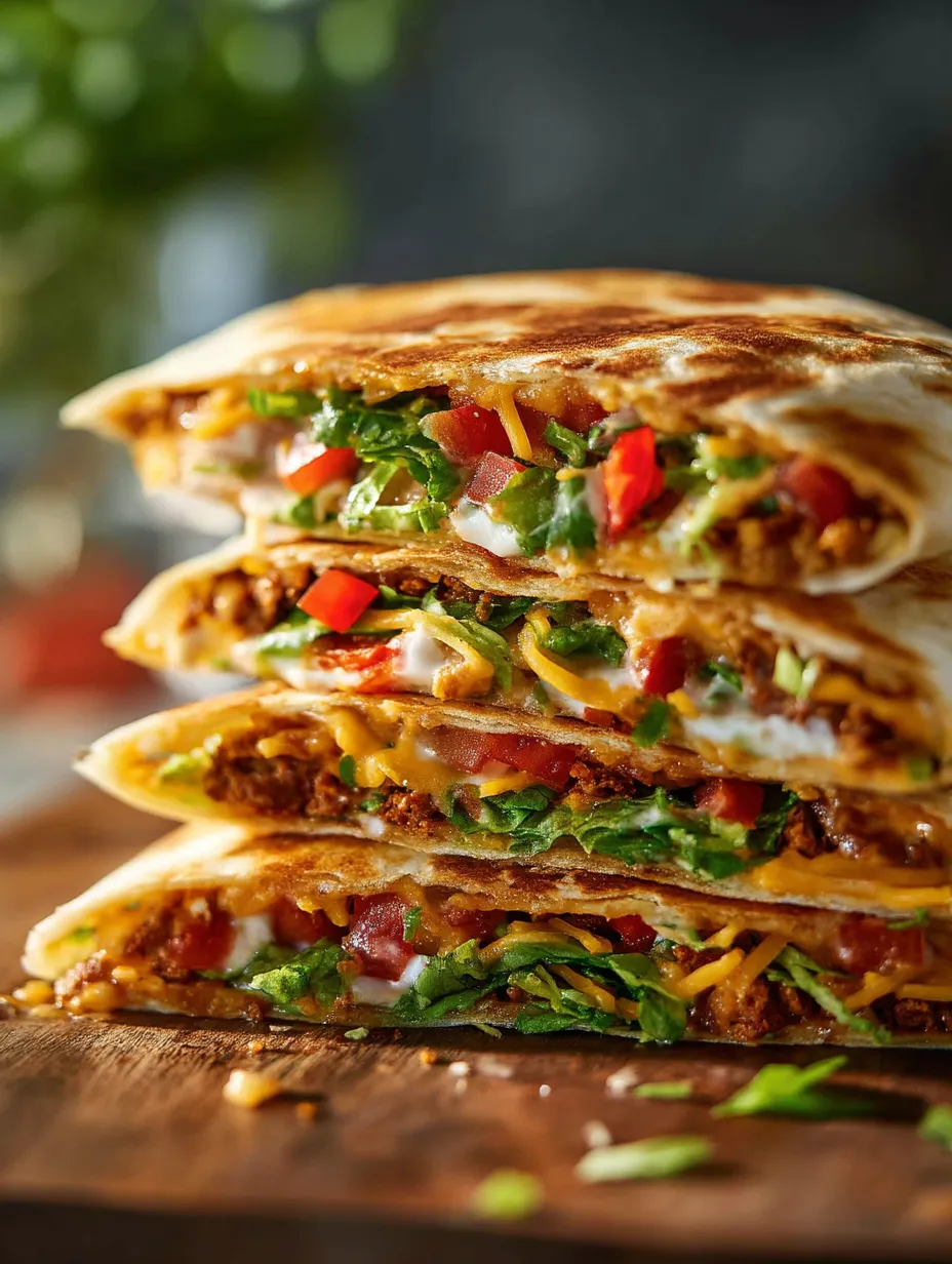 A pile of three crispy wraps stuffed with cheese, lettuce, and tomato.