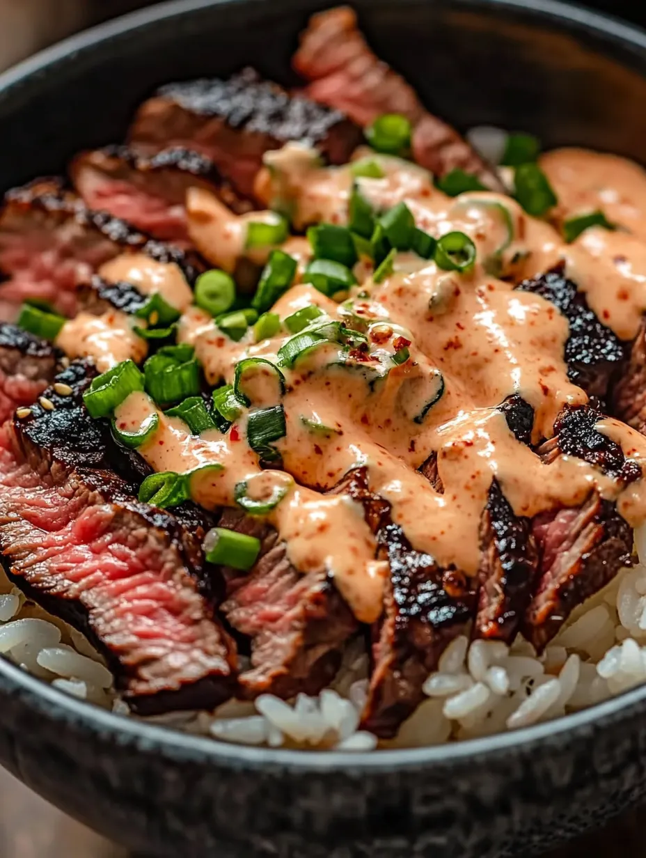 Big scoop of Korean BBQ steak with fluffy rice in a bowl.