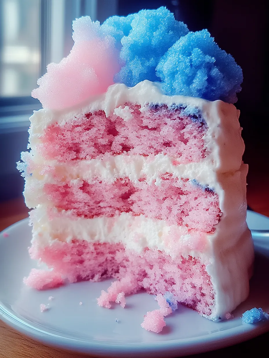 A slice of cotton candy cake with pink, white, and blue frosting.