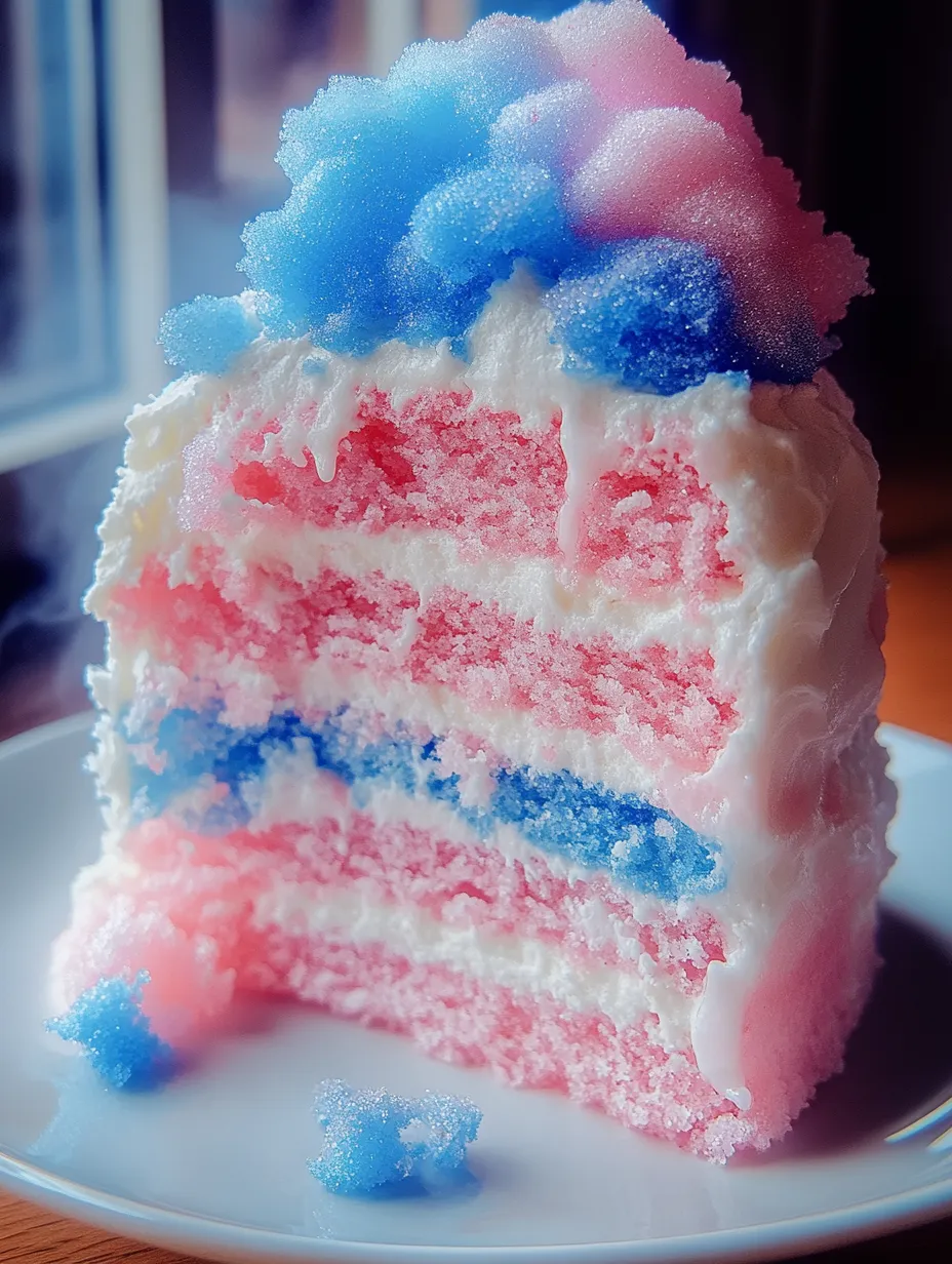A slice of cake with blue, red, white and pink frosting.