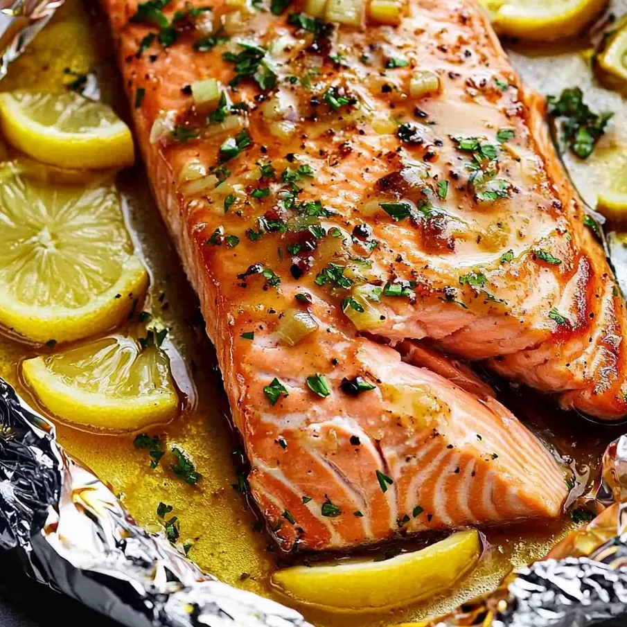 Salmon topped with lemon slices sitting on foil.