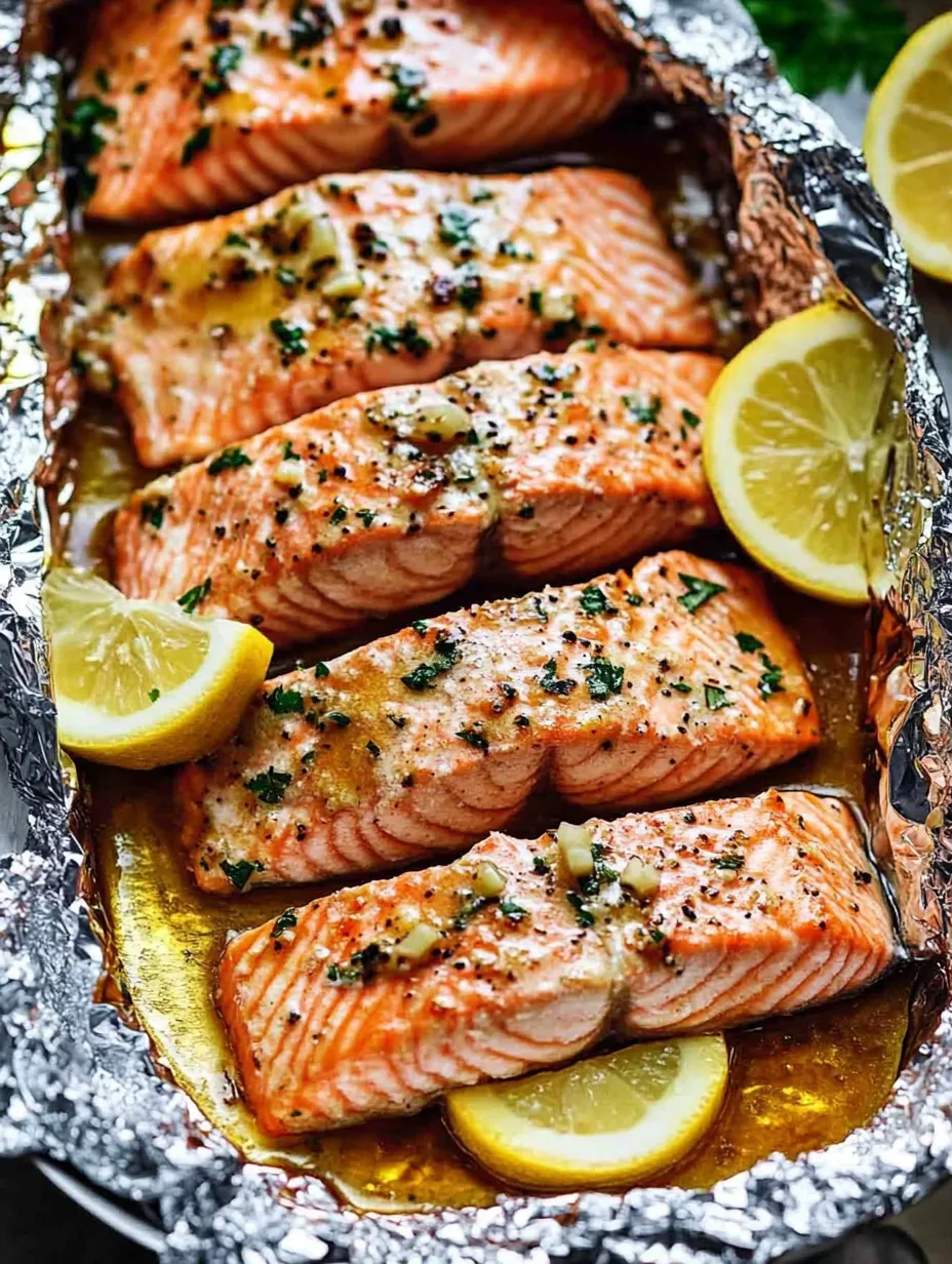 Foil-wrapped salmon with lemon wedges on top.