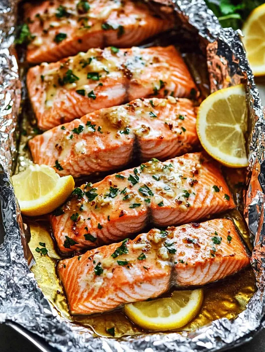 Salmon wrapped in foil drizzled with honey garlic butter.