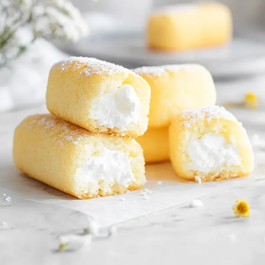 Three soft vanilla cakes with white fluffy filling sitting together.