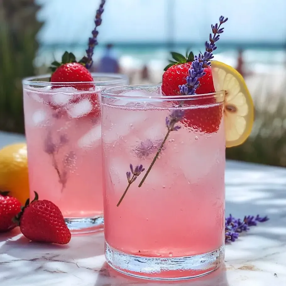 Two glasses filled with vibrant pink lavender lemonade.