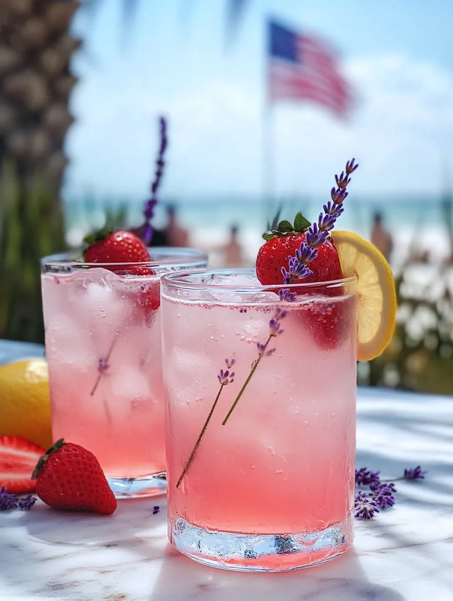 Two glasses of pink lavender lemonade drink.
