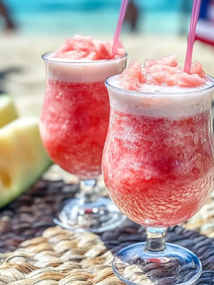 Two glasses filled with Otai Tongan Watermelon Drink sit on a white surface.