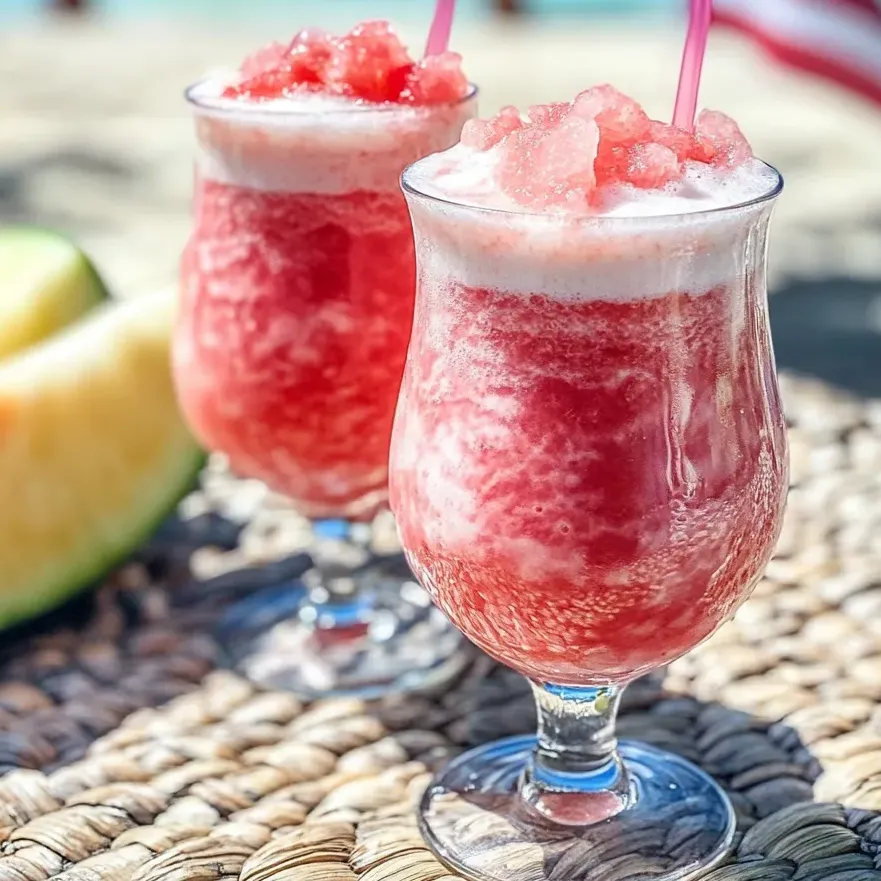 Two tall glasses filled with Otai Tongan Watermelon Drink.