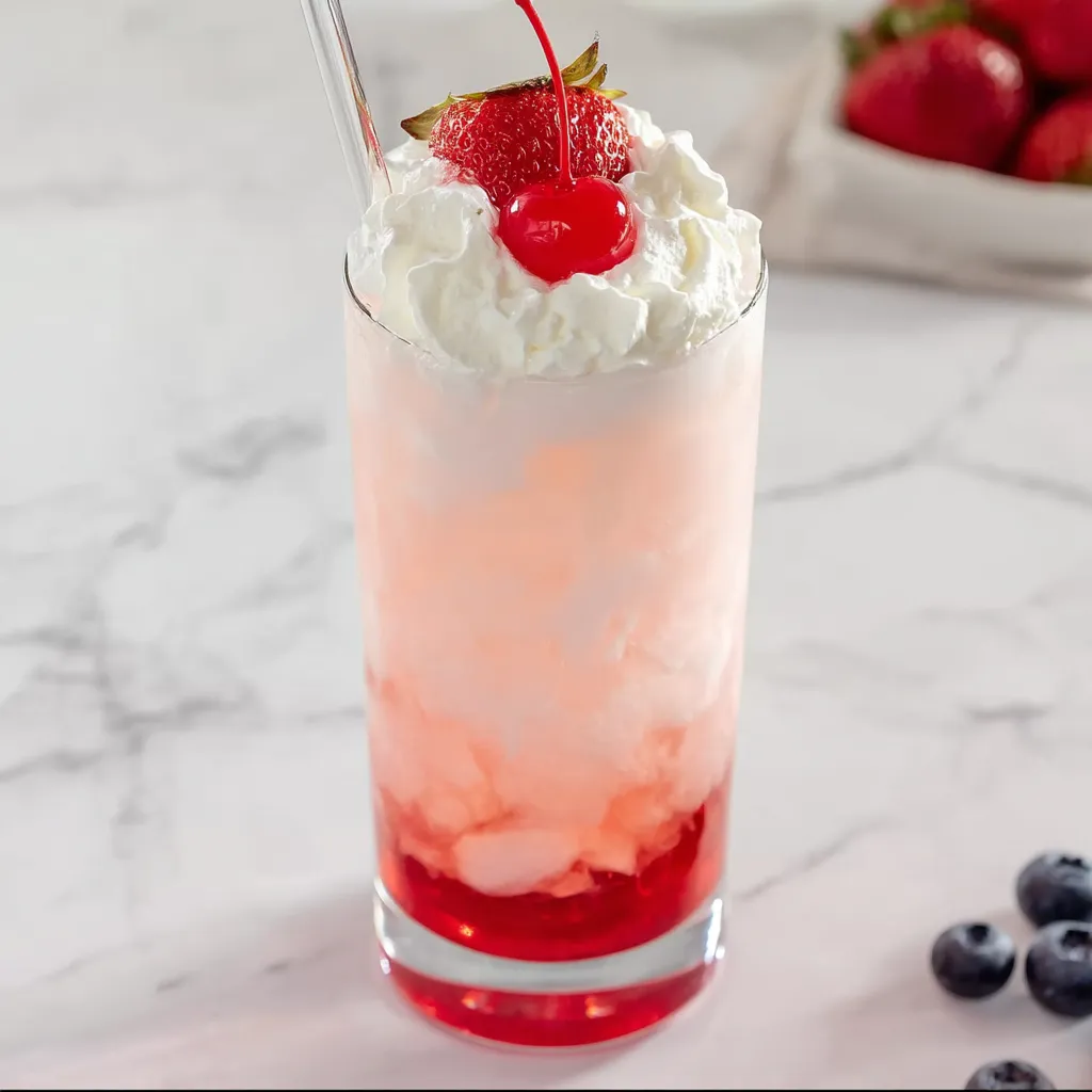 A glass of Italian cream soda with a cherry on top.
